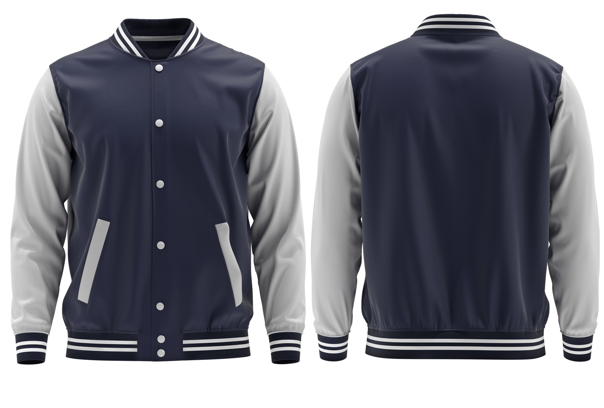 ( NAVY AND WHITE)  Varsity bomber jacket isolated on white background