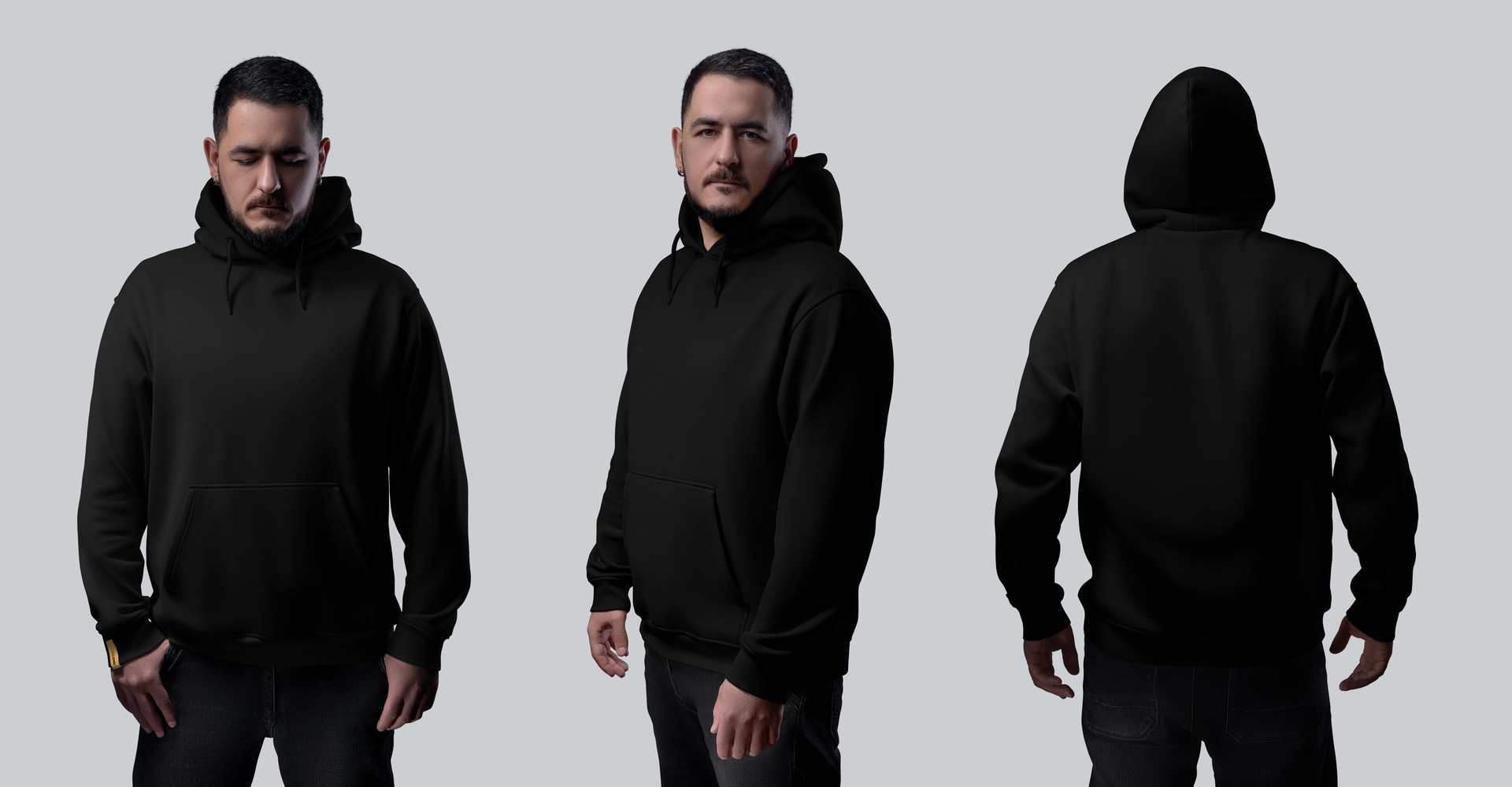 Mockup of a black oversized hoodie on a bearded man, front, side, back view, isolated on a studio background. Set
